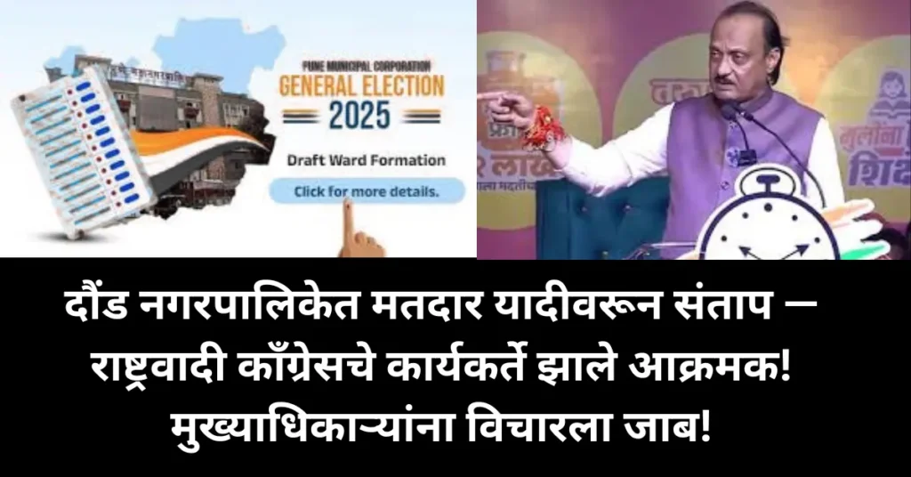 दौंड नगरपालिकेत मतदार यादीवरून संताप — राष्ट्रवादी काँग्रेसचे कार्यकर्ते झाले आक्रमक! मुख्याधिकाऱ्यांना विचारला जाब!